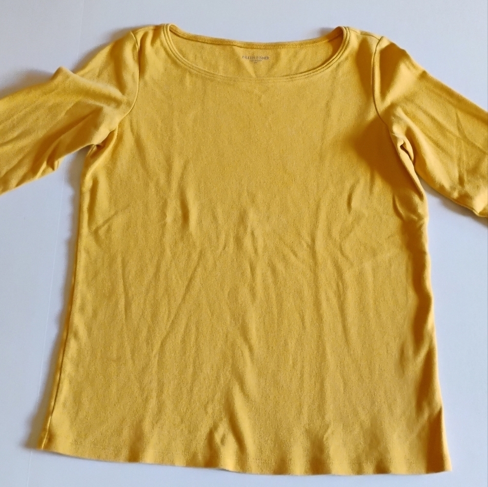 Eileen Fisher XS | Mustard Yellow Cotton | Stretch 3/4 Sleeve Top - Picture 1 of 4